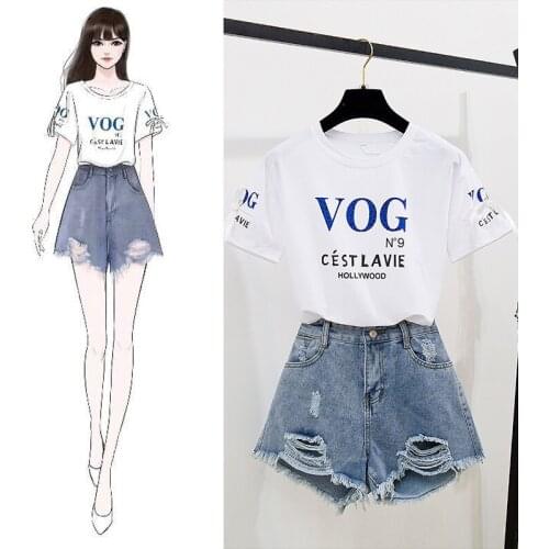 2020 Summer Sweet Letter Print Short Sleeve Tees High Waist Hole Jean Shorts Womens Casual School 2 Piece Sets