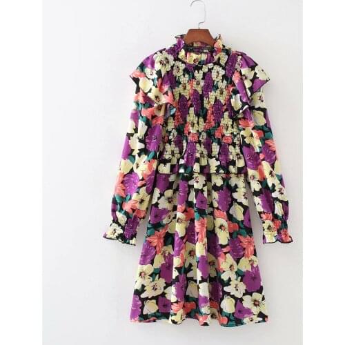 New Women Vintage Floral Printed Dress Ruffled High Collar Fly Shoulder Long Sleeves Smocked Short Dresses Woman Robe