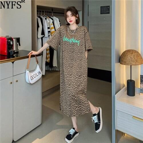 NYFS Summer Dress 2021 Korean New Loose Short Sleeves Woman Dress Vestidos Robe Elbise Fashion Letter Print Leopard Dresses