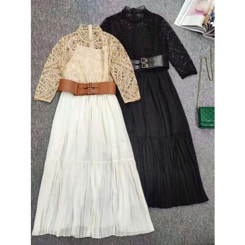 Top Quality Womens Dress 2021 Autumn Winter Ladies Crochet Lace Embroidery Belt Deco Mid-Calf Length Apricot Black Dress XL