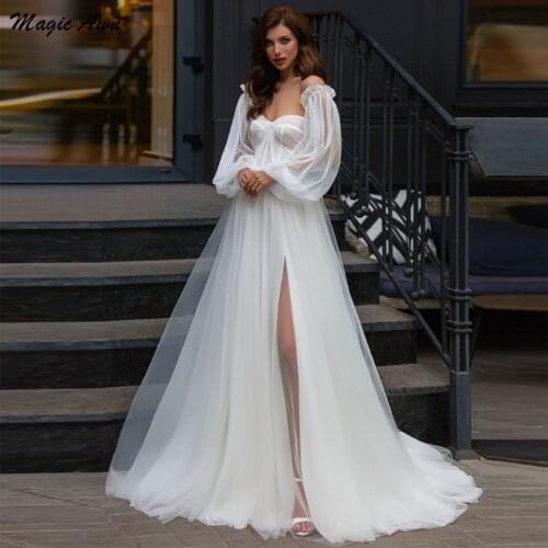 Magic Awn Graceful Wedding Dresses 2021 With Detachable Full Puff-Sleeves Boho Princess Beach A-Line Bridal Gowns Robe Mariee