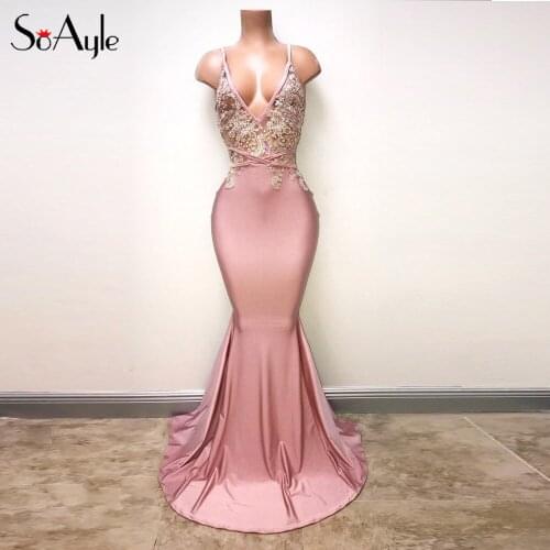 SoAyle Deep V-neck Sleeveles Backless Prom Dresses Beaded Pink Mermaid Evening Dress 2018 Long vestido de festa Dress Elegant H