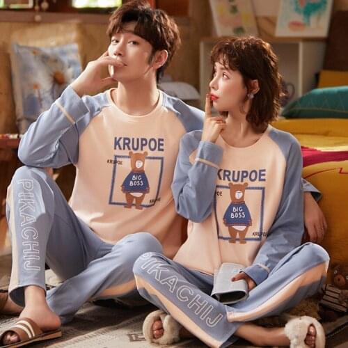 Winter Warm Couple Pajamas Set Cotton Comfortable Women Pajamas Cute Cartoon Bears Print Men Fashion Blue Patchwork Sleepwear
