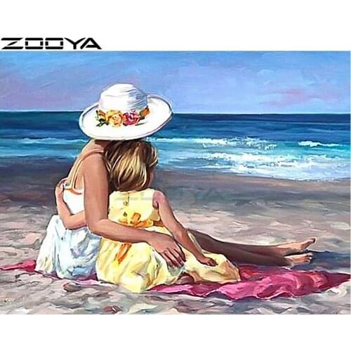 ZOOYA 5d Diamond Painting Full Round Diamond Embroidery Handicrafts Wall Sticker Mother And Daughter Hugging At The Beach R297