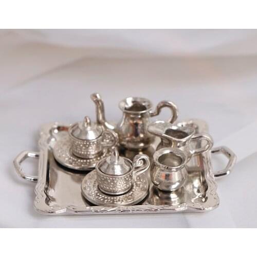 10Pcs/Set 1/12 Dollhouse Miniature Silver Metal Tea Coffee Tray Tableware Set For Dollhouse Decoration