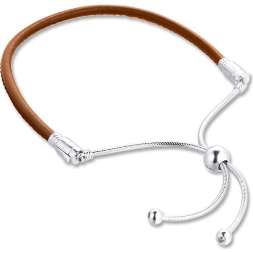 100% 925 Sterling Silver Jewelry Sliding Golden Tan Leather Bracelets with Clear CZ For Women Wholesales Free Shipping
