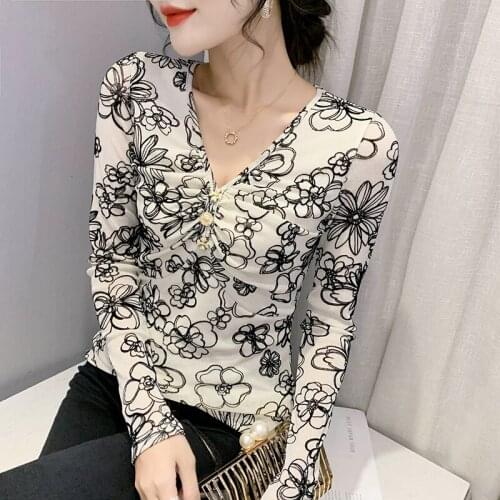 2021 Autumn Womens Tops Fashion Casual Long Sleeve V-Neck Print Mesh T-Shirt Elegant Slim Ladys Blusas