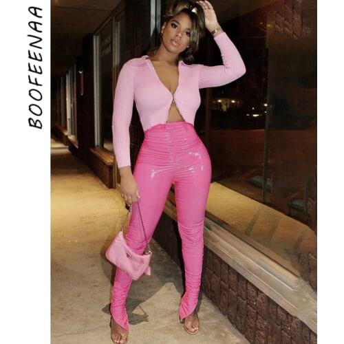 BOOFEENAA Winter Fashion Sexy Patent Leather Pants Women High Waist Pleated Split Stacked Leggings Black White Pink C76-ED30