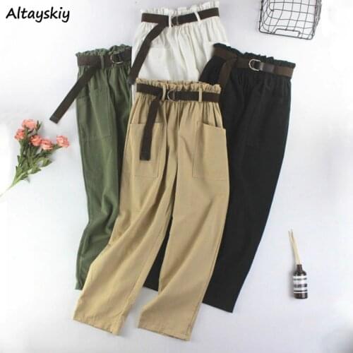 Pants Women Leisure Straight Pockets Solid Elastic Simple High Waist All Match College Summer Trendy Popular Korean Style Soft