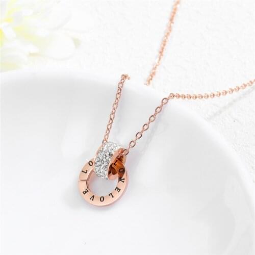 Stainless Steel CZ Chain Pendant Necklace Rose Gold Color Geometric Round Letters Words Necklaces New Fashion Jewelry For Women