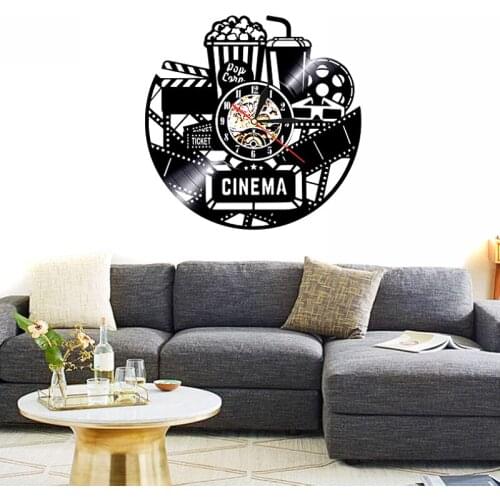 12" Cinema Production Clock Movie Theater Sign Popcorn Vinyl Record Wall Clock Watching Film Vintage Wall Decor Movies Lovers