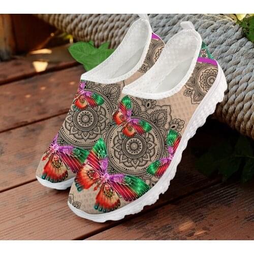 ELVISWORDS Bohemian Mandala Butterfly Pattern Summer Women Flats Shoes Casual Sneakers for Teen Girls Air Mesh Ladies Slip on