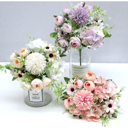 Pink silk hydrangeas artificial flowers wedding flowers for bride hand silk blooming peony fake flowers white home decoration