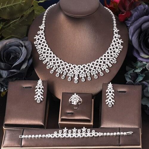 Janekelly4 pcs Bridal Zirconia Full Jewelry Sets For Women Party, Luxury Dubai Nigeria CZ Crystal Wedding Jewelry Sets