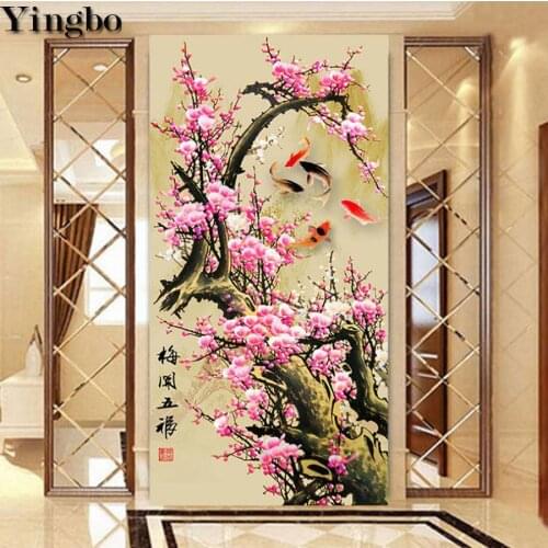 Full square diamond painting plum Nine fish Landscape embroidery round diamond mosaic large paintings wall stickers decoration