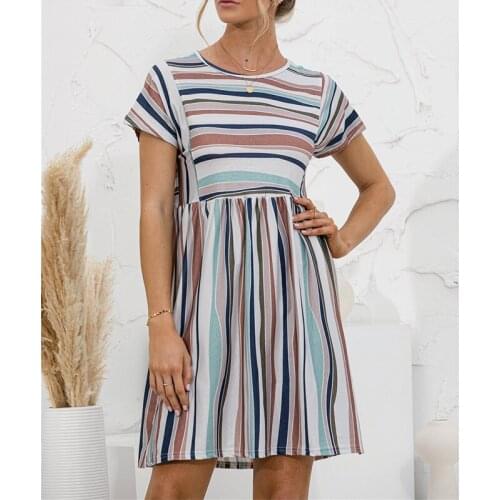 Summer Mini Short Sleeve Female A-Line Vestido New Striped Print Stitching Elegant All-Match Short Dresses Round Neck Dress