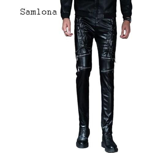 Men PU Leather Pants Trendy 2021 Spring Autumn Lace-up Slimming Pantalon Male Skinny Trouser Punk Style Black Faux Leather Pants