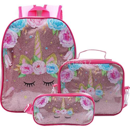 New Pink Unicorn Girls Backpack School Bag With Lunch and Pencil Case Set 3 for Kids Kindergarten Preschool School Toddler Bags