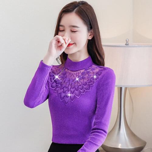 2020 New Women Autumn Winter Warm Thick Fleece Blouse Lady Elegant Embroidery Fashion Slim Hollow Out Mesh Diamonds Shirt A314