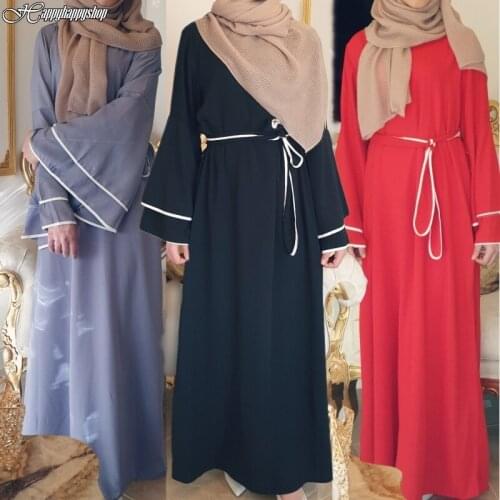 Flare Sleeve Abaya Dress Solid Color Muslim Ramadan Dress Islamic Clothing Women/Femme EID Vestidos Robe Dubai Arab Kaftan Gown