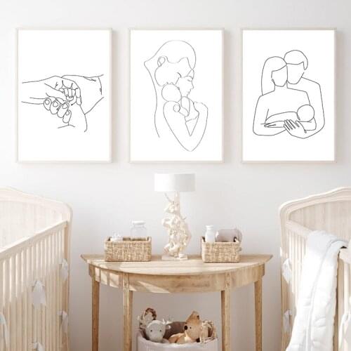 Family Portrait Mom Dad Baby Line Art Drawing Posters Abstract Minimalist Wall Canvas Painting Print Nursery Decorative Picture