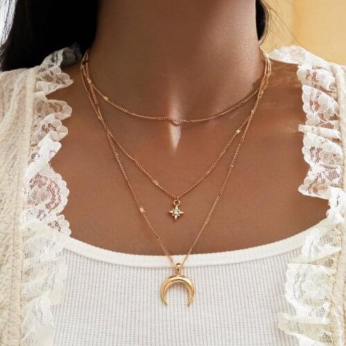 Vintage Multilayer Crystal Pendant Necklace Women Bohemia Gold Color Moon Star Horn Crescent Choker Necklaces Jewelry New 2021