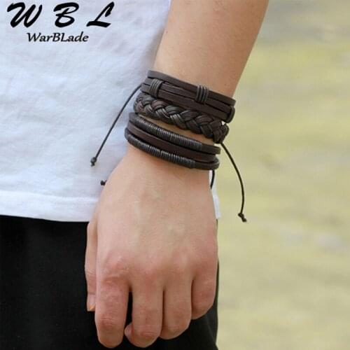 WBL Fashion Brown Leather Braided Bracelet 3pcs/Set Men Charm Beads Bracelets Bangle Punk Wrap Wristband For Male Vintage