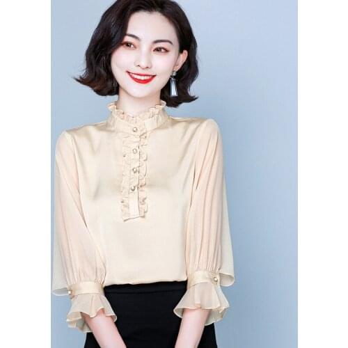Women Formal Business Blouse Frill Trim Long Sleeve Shirt Stand Collar Elegant Lady Chic Luxury Tops Tuxedo Shirts Blusas Mujer