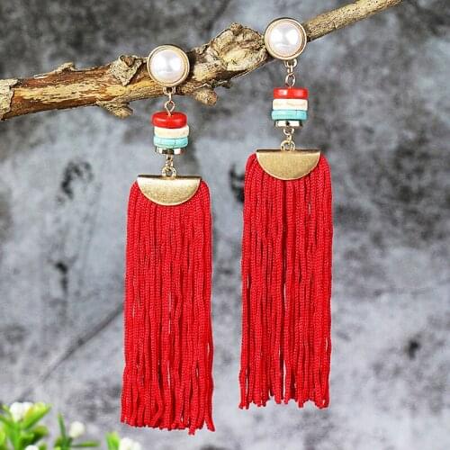 Womens Summer Boho Long Red Tassel Earrings Ethnic Green Statement Wedding Earrings Brincos Jewelry Mujer