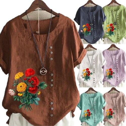 Womens Summer New Fashion Casual Linen Shirt Round Neck Flowers Printing T-shirt Short Sleeve Tops Loose Blouse S-5XL