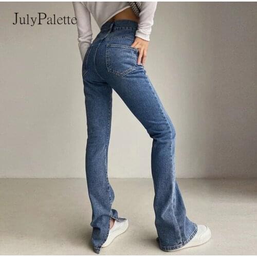 JulyPalette High Waist Split Flare Jeans Women 2021 Summer Casual Slim Elasticity Denim Pants Vintage Female Jeans Trousers New