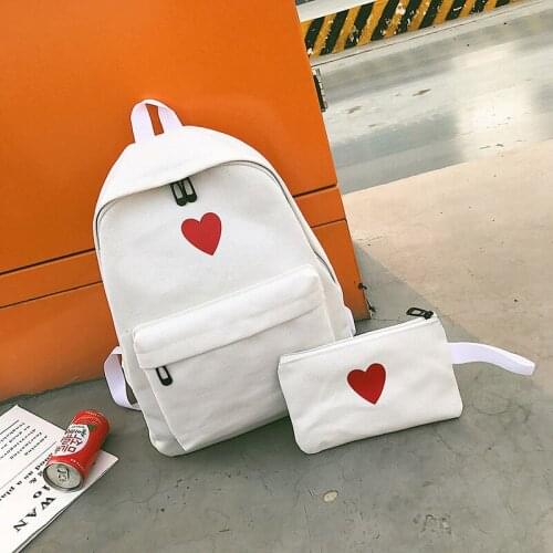 2 Pcs/Set Korean Women Backpack Canvas Love Heart Printed Lady Travel Bag Girls Students Pencil Case School Bags New