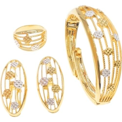 Hot Sale French Gold Plated Hollow Design Bracelet Ring Earring Set Banquet Jewelry B0069