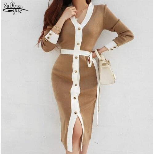 Spring New Elegant V-neck Slim Single Breasted Color Contrast Lace Up Waist Sweater Dress Korean Knitted Midi Dress Robe 12923