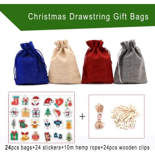 24pcs/lot Small Jute Bags 10x14 13x18cm Drawstring Pouches Christmas Gift Bag Jewelry Candy Gifts Packaging Bags+stickers+clips