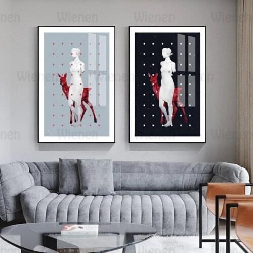 Abstract Art Canva Painting Broken Arm Goddess Plaster Statue Deer Nordic Posters and Prints Home Decor Gallery Interior Decor