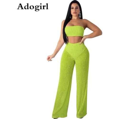 Adogirl Beading Knitted See Though 2 Piece Set Summer Slash Neck Crop Top +Straight Wide Pants Nigjt Club Party Woman Outfits