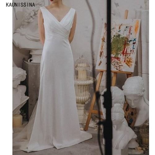 KAUNISSINA Satin Bride Wedding Dresses V-Neck Sleeveless White Simple Bridal Gowns Women Backless Sexy Court Train Marriage Robe