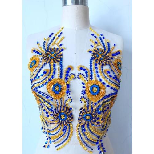 Zbroh Pure hand made dazzling deep blue/golden sew on Rhinestones applique on mesh crystals patches 41*39cm DIY dress accessory