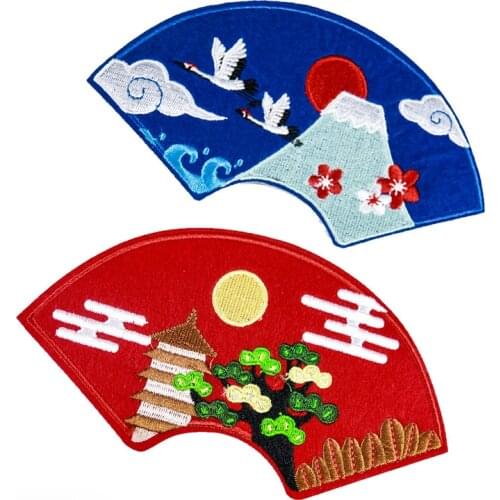 Large Japanese Style Fan Patch Embroidery Applique Iron on Patches for Clothing Stickers Mount Fuji DIY T-shirt Jacket Decor