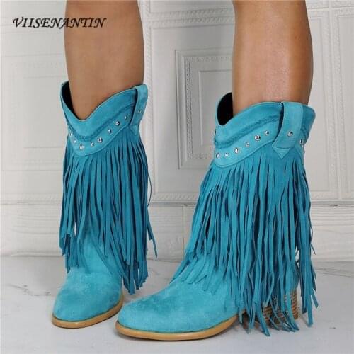 Autumn New Round Head Square Heel Blue Fringed Rivet Decorated Low-heeled Ankle Boots Fashion Retro Wild Western Cowboy Boots