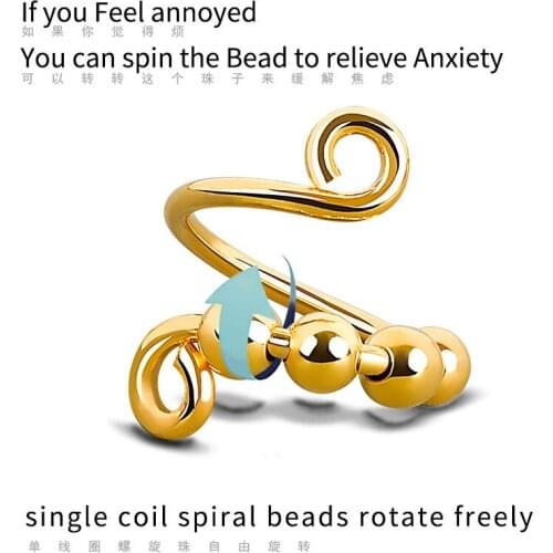 Beads Fidget 925 Sterling Silver Ring Single Coil Spiral Fidget Ring Beads Rotate Freely Anti Stress Anxiety Ring For Girl Women