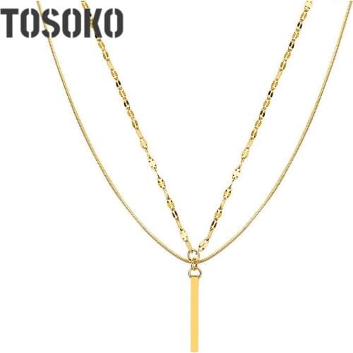 TOSOKO Stainless Steel Jewelry Rectangular Pendant Multi Layered Necklace Womens Fashion Clavicle Chain BSP803