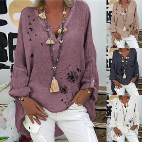 40# Plus Size T-shirts Women Casual Long Sleeve Pullover Tops Floral Printing V-neck T-shirt Elegant Vintage Brief Top Футболки