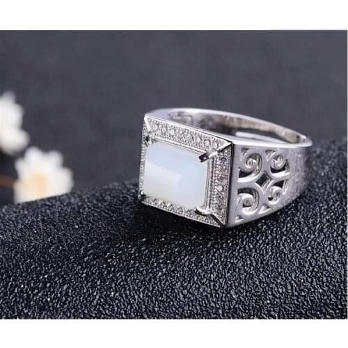 Free shipping Natural Hetian White Jade Ring 925 sterling silver Wholesales Fine jewelry Natural Hetian White Man Jade