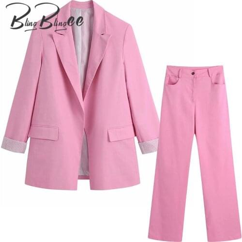 BlingBlingee Summer Autumn Pink Suits Open Front Blazers Long Straight Pants Women Casual 2 Piece Sets Female Outfits 2021