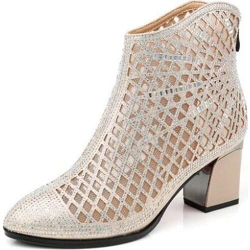 Best Sale Microfiber Rhinestone Hollow Pointed Cool Boots Women Boots Fashion Mesh Boots 2020 New Spring Summer High Heel Boots