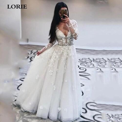 LORIE Long Sleeve Lace Wedding Dresses With Crystal Appliqued Bride Gowns Soft Tulle Backless vestidos de noiva Customized