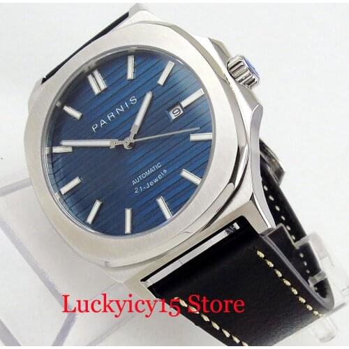 PARNIS Luxury Blue Dial 44mm Mechanical Wristwatch Auto Date Stainless Steel Watch Case Leather Strap