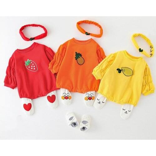 Newborn Baby Girl Clothes 2 Piece Cotton Fruit Strawberry Pineapple Lemon Long Puff Sleeve Sweater Baby Bodysuit+headband 0-24M